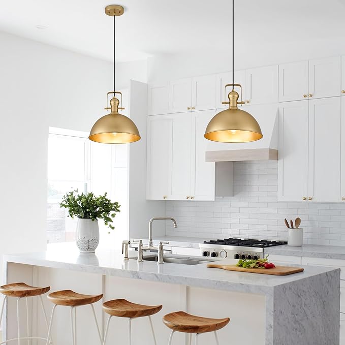 12 Inch Gold Farmhouse Pendant Lights Matte Pendant Lights for Kitchen Island Industrial Adjustable Height Vintage Dome Hanging Light Fixtures for Barn, Dining Room 1 Pack