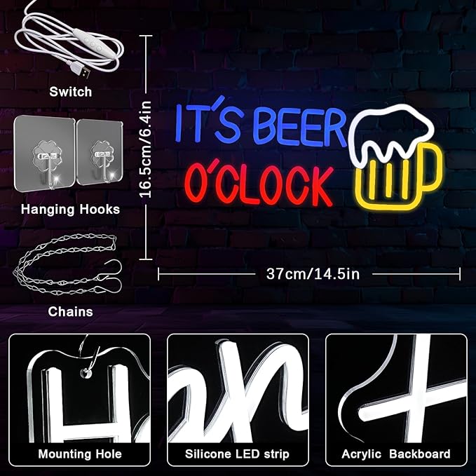It's Beer O'Clock Neon Sign for Wall Decor Beer Neon light Dimmable USB Beer LED Sign Neon Beer Signs for Man Cave Garage Patio Home BAR Pub Nightclub Restaurant Decor