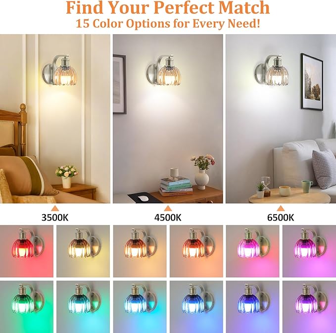 Rechargeable Battery Operated Wall Sconce with Amber Glass Lampshade, Wireless Wall Scone Decor with Remote Control, 15 Colors Brushed Nickle Wall Light for Bedside Hallway Bedroom Doorway