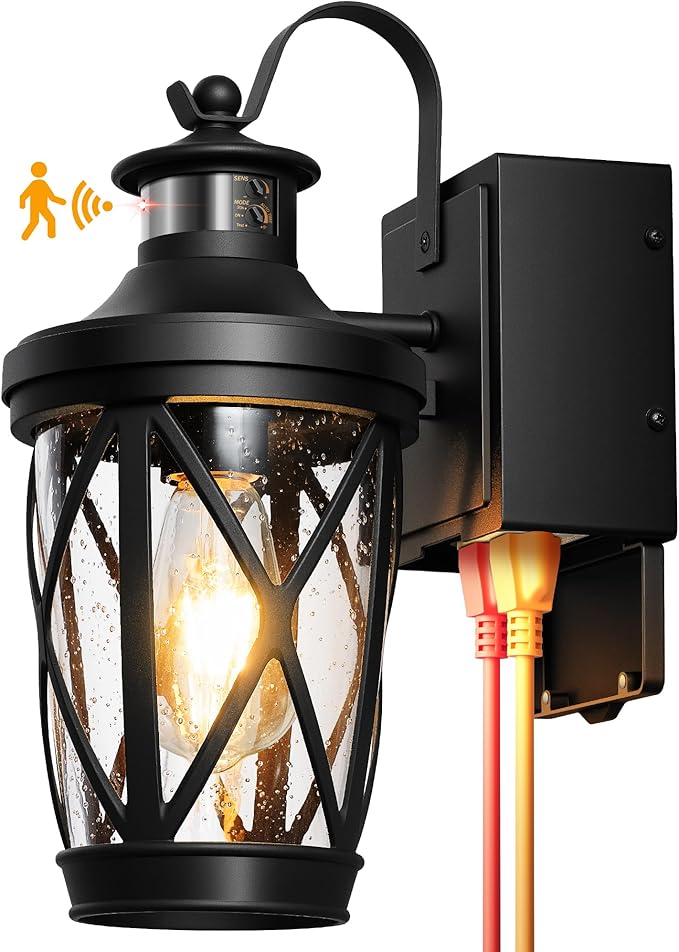 Motion Sensor Porch Light with Outlet, Outdoor Wall Light Fixtures with GFCI Outlet, Outdoor Sconces Wall Lighting with Seeded Glass, Waterproof Exterior Garage Lantern for Coach, Patio,Balcony