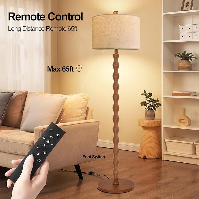 Vintage Floor Lamp for Living Room,Bedroom,Farmhouse Mid Century Standing Lamp with Remote,Dimmable Rustic Industrial Wood Tall Lamp Retro Floor Light Boho Bohemian