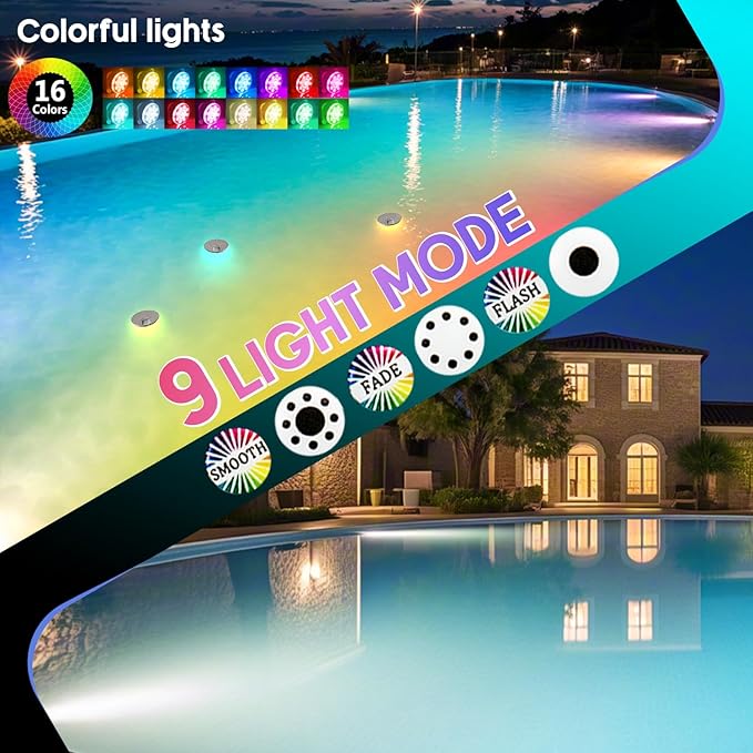 Underwater Pool Lights for Above Ground Pools and Inground Swimming Pools with Remote Timer Off, Magnet RGB Submersible LED Lights Rechargeable Spotlight 16 Colors 9-Mode for Hot Tubs, Fountain -1Pack