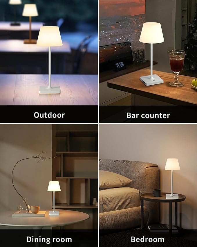 14.5" Small Cordless Touch Table Lamp White, Waterproof Shower Lamp, 4000mAh Rechargeable Portable Battery Powered Dimmable LED Desk Lamps for Outdoor, Restaurant, Bathroom, Camping, Nightlight