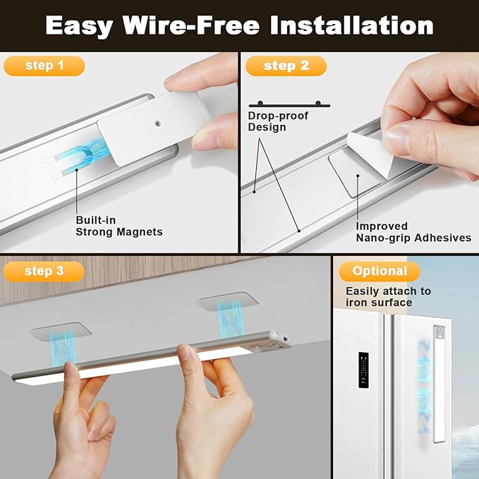 BLS 14.8inch Under Cabinet Lighting, 126 LED Motion Sensor Light Indoor, 2500mAh Rechargeable Wireless Closet Lights, 4 Sensor Modes, 3 Color Dimmable Magnetic Under Counter Lights for Kitchen, 2 Pack
