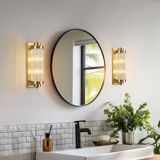 Gold Wall Sconces Set of Two with Crystal Glass Strip Bathroom Sconces Modern Wall Lights for Bedroom Living Room Hallway Wall Light Fixtures, 2 Light E12 Base