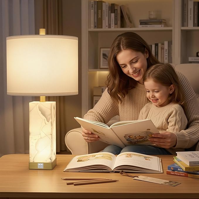 Scenekoy 23" Alabaster Table Lamps Set of 2 for Living Room Bedroom, Bedside Lamps with USB A+C Ports, Modern Table Lamp with Linen Shade for Living Room Bedroom Nightstand (Bulbs Included)