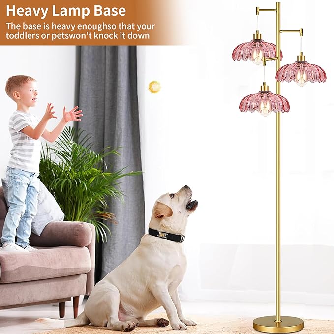 Pink Floor Lamp for Living Room,Bedroom,Gold Mid Century Modern Standing Lamp Brass Tree 3 Light Tall Floor Lamps Vintage Retro Floor Lights Glass Flower Lamp Shade Farmhouse Boho Bohemian