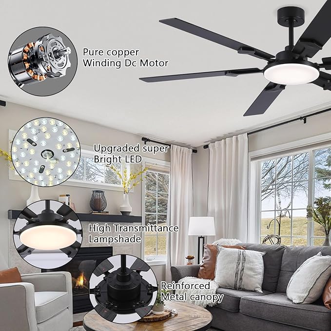 66 Inch Large Ceiling Fans with Lights and Remote, Black Modern Indoor/Outdoor Ceiling Fan for Living Room Kitchen Patio, 6 Speed Reversible DC Motor, 3 CCT Lighting, Dual Finish 6 Blades