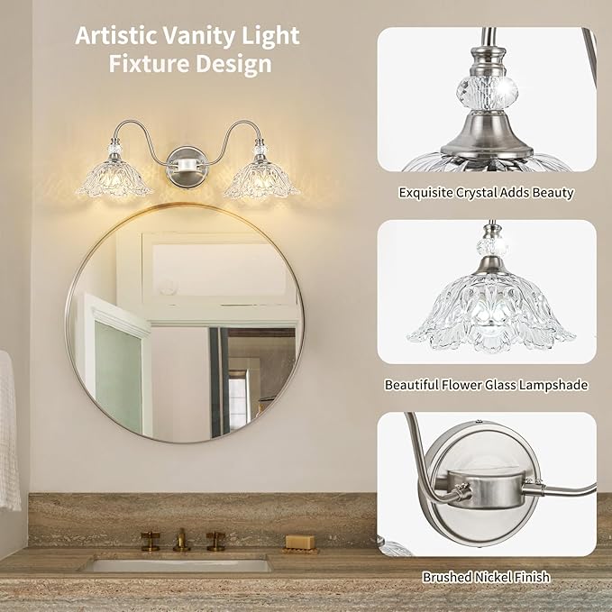 Brushed Nickel Bathroom Vanity Light, 2-Light Vanity Light with Floral Clear Glass Shades, Nickel Wall Mount Lighting for Bathroom, Dressing Table