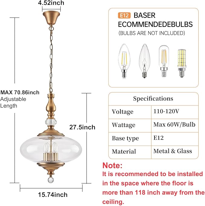 Vintage Pendant Light Brass Glass Pendant Light 15.74" Wide Adjustable Hanging Height 5 Light Pendant for Sitting Room, Kitchen, Dining Room, Ressing Room Hallway Entryway