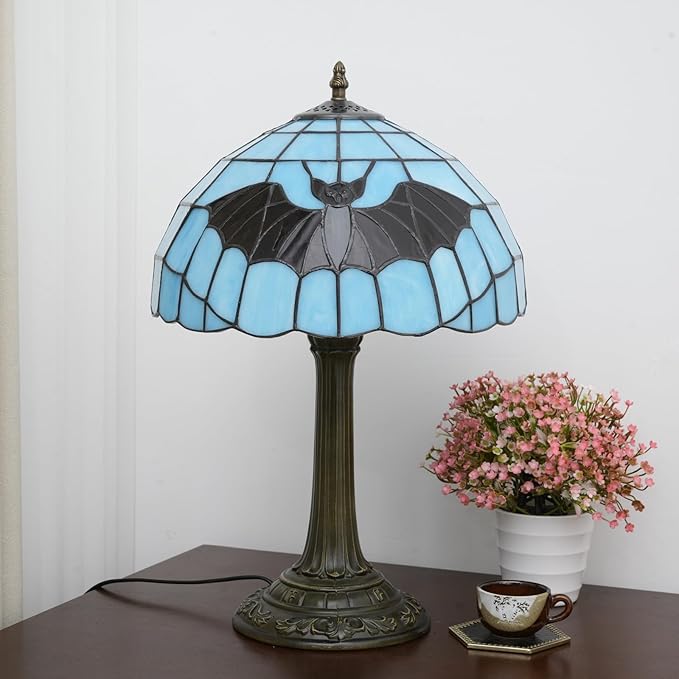 Tiffany Lamp Stained Glass Lamp 12 Inch Tiffany Style Blue Background With Black Bats Bedside Lamp Classical Art Decor Bedroom Living Room Dining Dormitory Table Vintage Home Decor The Ideal Gift