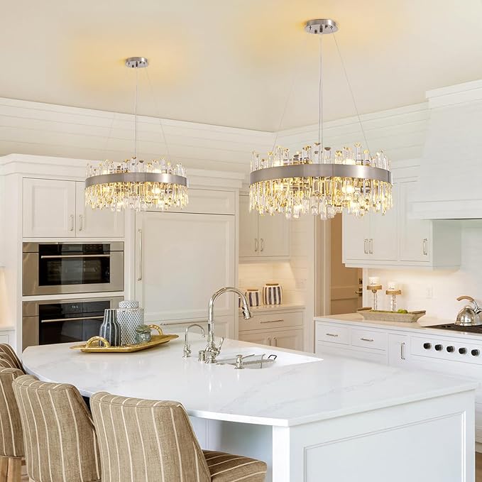 Siljoy Modern Crystal Chandelier for Dining Room, 12 Lights Luxury 2-Tiers K9 Crystal Chandelier Raindrop Pendant Ceiling Light for Living Room Kitchen Island Entry Foyer D23.6'', Brushed Nickel