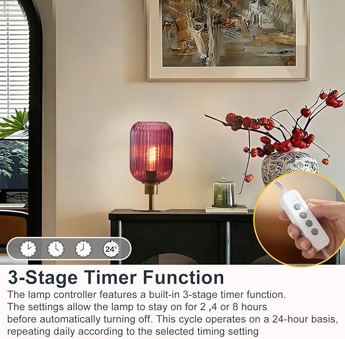 Mid Century Glass Table Lamp,Dimmable Desk Lamp,LED Bulb Included,Timer Build-in,Purple Ribbed Glass
