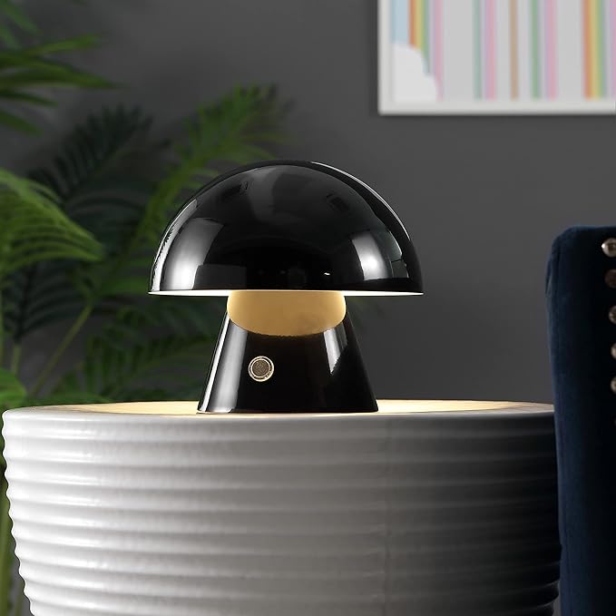 JONATHAN Y 7" Black Rechargeable Cordless Mushroom Table Lamp, Portable LED Nightstand Lamp for Bedroom Living Room, Metal Shade, 3-Way Dimmable Touch Sensor Modern Accent JYL7116A