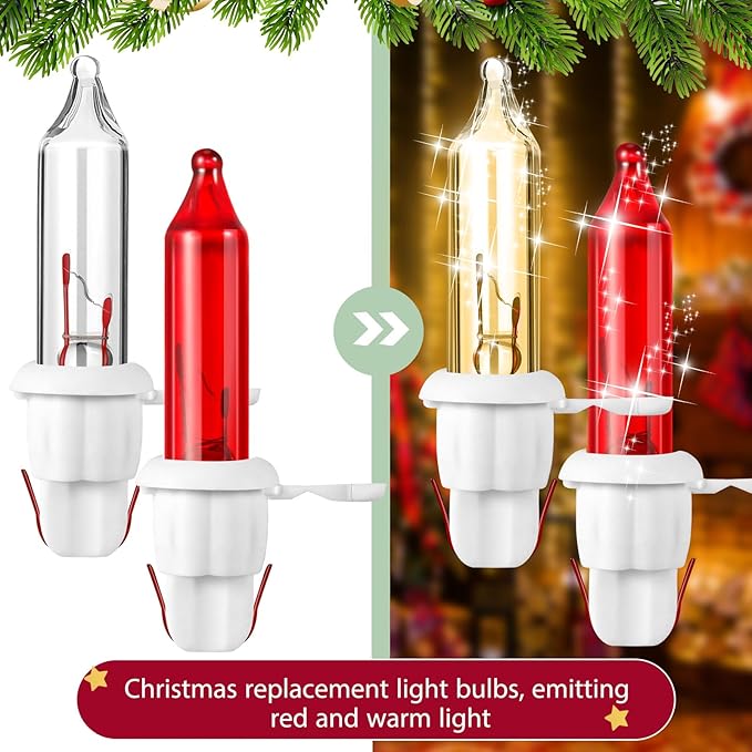 Mudder 60 Count Christmas Replacement Mini Light Bulbs with Base Christmas Tree Incandescent Wire String Lights Replacement Bulbs for Xmas Indoor Outdoor Decoration (Red and Warm White,12vx0.08a)