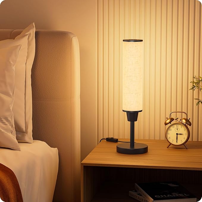 Table Lamp with Remote，Bedside Lamps for Night Stands, Nightstand Lamp with Adjustable Brightness (10%-100%) and Color Temperature (3000k-6000k),Small Lamp for Bedroom (Black - Beige Linen)