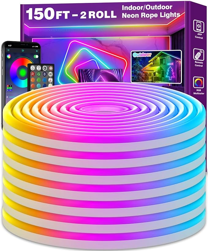 AILBTON 150FT Led Neon Rope Lights Control with App/Remote,Flexible Led Rope Light,Multiple Modes,IP65 Outdoor RGB Lights Waterproof,Music Sync Gaming Led Neon Strip Light for Bedroom Decor