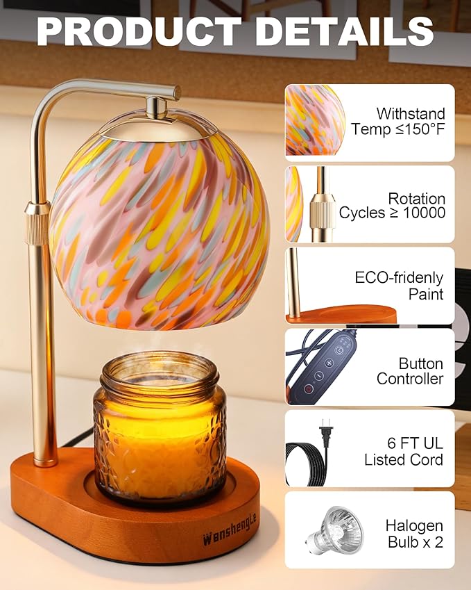 WanshengLe Candle Warmer Lamp with Dimmable 7-Level Brighness, Adjustable Height with 2/4/8H Timer, Home Decor and Gifts for Women Mom Scented Jar - Gold