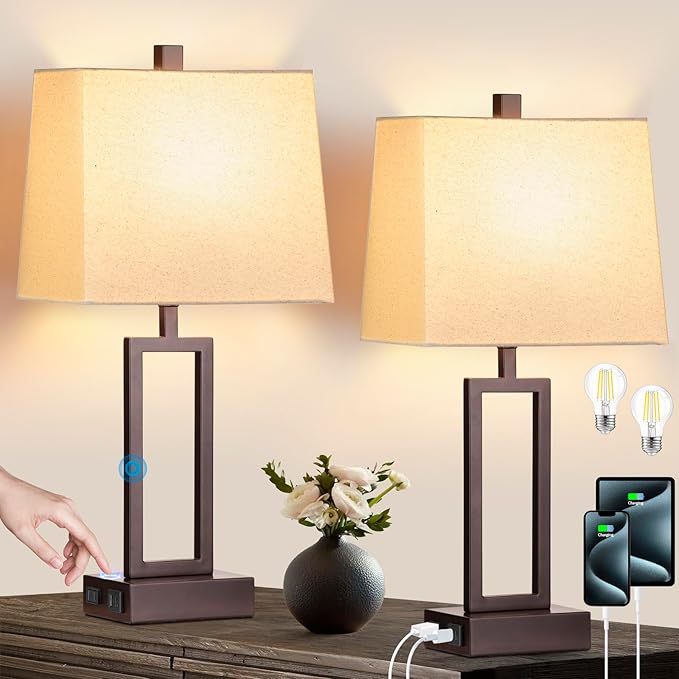 Touch Control Table Lamps Set of 2, Modern Brown Bedside Lamps with USB A+C Ports & AC Outlet, 3 Way Dimmable Contemporary Nightstand Lamps for Bedroom Living Room(LED Bulb Included)