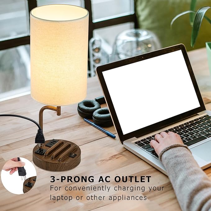 Dreamholder Table Lamp with 3 USB Charging Ports, Modern Desk Lamp with AC Outlet and Phone Stands, Perfect Bedside Lamp for Bedroom, Living Room, Office (Pack of 2), Walnut