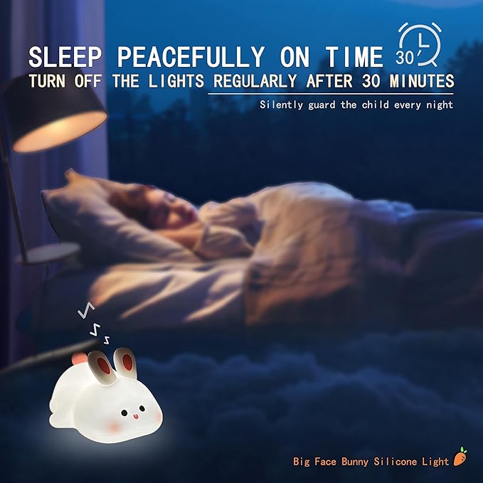 Squishy Bunny Night Light for Kids, Cute Big Face Rabbit Silicone Lamp with Timer Dimmable 3 Brightness, Easter Nursery Nightlight Portable Bedside Touch Lamp for Nightstand Bedroom Living Room Home ﻿