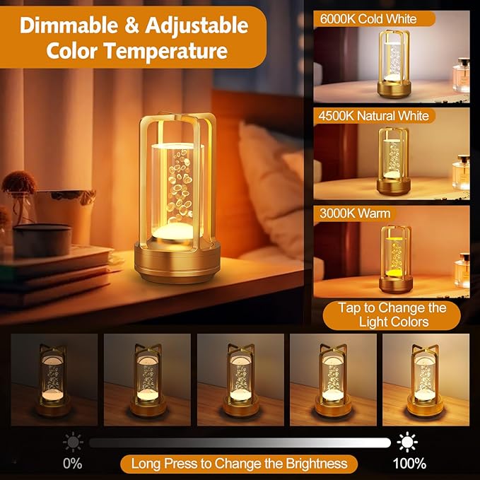 Portable Table Lamp for Outdoor Indoor: Cordless Rechargeable Desk Lamp with 3 Color Stepless Dimmable - Metal Battery Operated Lantern Light for Bedroom/Bar/Coffee Shop/Camping (Gold (Bubble))