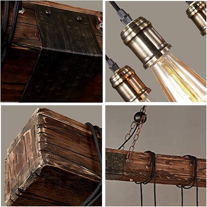 Rustic Farmhouse Chandeliers for Dining Room & Kitchen Island 10-Light Adjustable Wooden Pendant Lighting 43.3" Retro Ceiling Hanging Light for Bar & Pool Table
