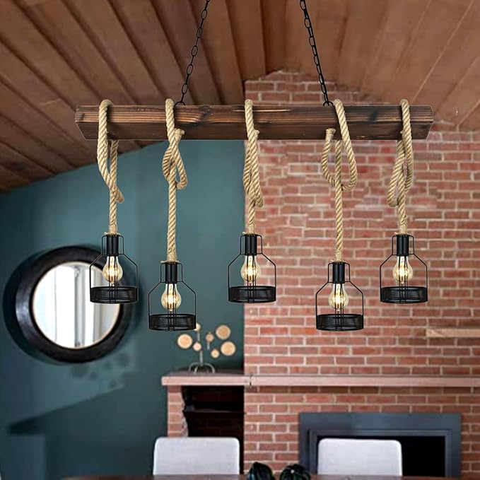 Farmhouse Pendant Lights Kitchen Island, Kitchen Light Fixtures, Rustic Dining Room Light Fixture with 5 E26 Bulb Sockets, Black Metal and Wood Beam Ceiling Pendant Light Fixtures