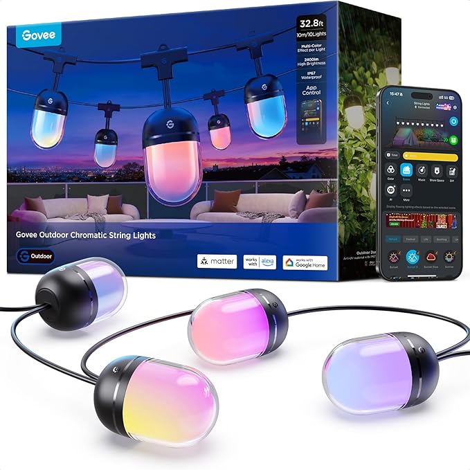 Govee Outdoor Chromatic String Lights, 32.8ft RGBIC Outdoor Lights with 55 Uni-IC Control LED Bulbs, 111+ Scene Modes, IP67 Waterproof, String lights compatible with Alexa, Google, Matter, App Control