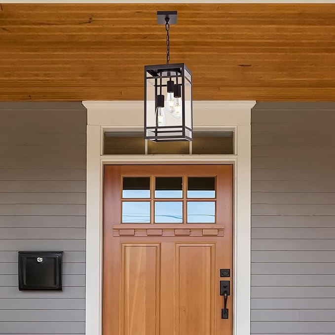 3-Light Outdoor Pendant Lights for Porch, Oil Rubbed Bronze Outdoor Chandelier 16'' Exterior Hanging Porch Light Fixtures w/Clear Glass, Waterproof Outside Pendant Lantern for Garage Foyer
