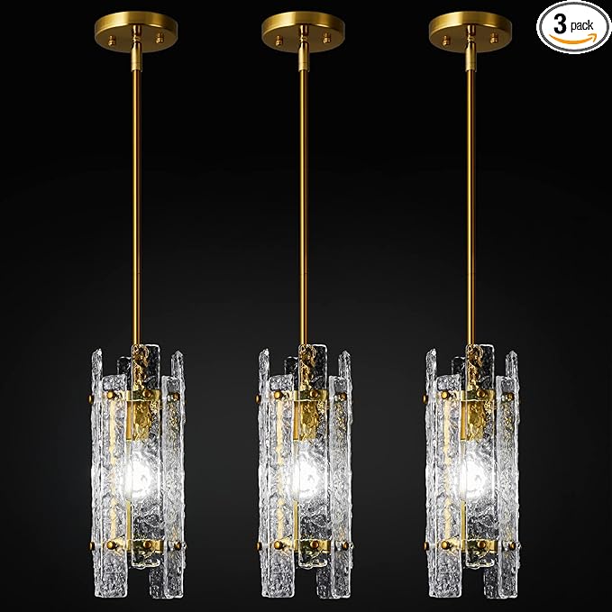 Modern Crystal Pendant Lighting Gold Pendant Lights Mini Glass Chandeliers, Adjustable Pendant Light Fixture for Kitchen Island Bedroom Living Room Dining Room Corridor(3Pack)