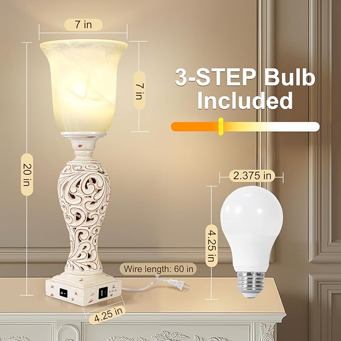 20" Bedside Lamp for Bedroom, Torchiere Table Lamp with 2 USB Charging Ports, Vintage Desk Lamp with Glass Shade, 3-Way Dimmable Bulb Included, Retro Rustic Nightstand Lamp for Living Room Entryway
