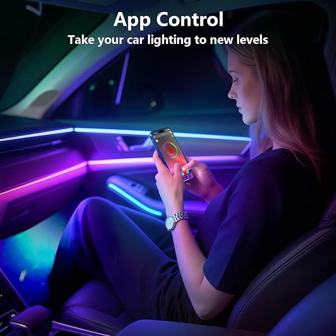 Smart Interior Car Lights,Car led Lights Interior with Rainbow Effect,8 Dynamic Music Mode,256 Lighting Effects and 16 Million Colors,Car Led Strip Lights Controlled by APP,12V