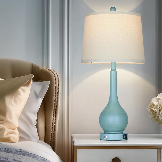 26" Coastal Table Lamps Set of 2, 3-Way Dimmable Touch Control Nightstand Lamps for Bedroom with USB A+C Ports, Modern Farmhouse Bedside Lamp for Living Room, Retro Blue (2 LED Bulbs Included)