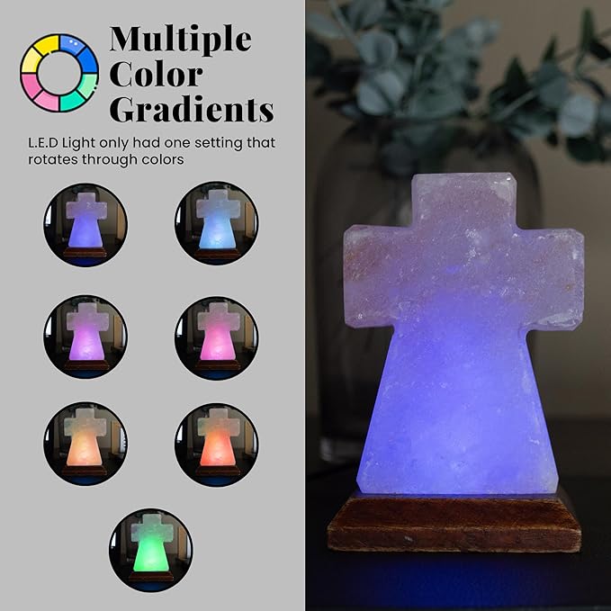 POHS Himalayan USB Mini Salt Lamp, 7 Color Changing LED Bulb, Hand Crafted Crystal Rock Salt Night Light for Home Decor, Desk, and Gift | Premium Quality Wood Base and USB Cable (Cross)