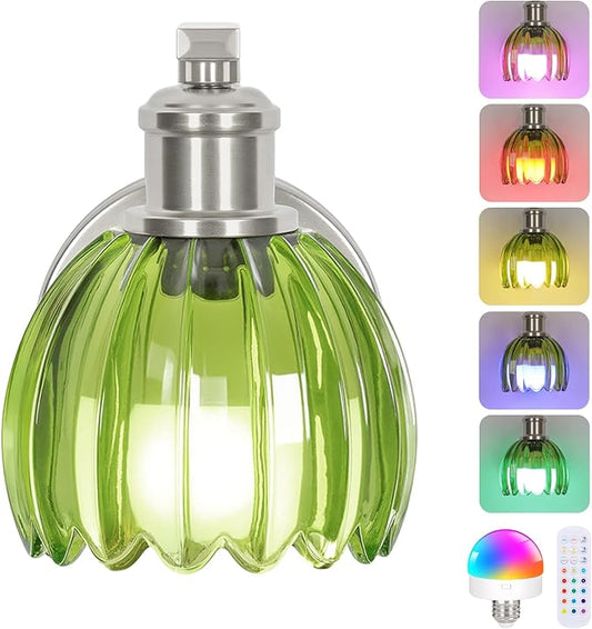 Rechargeable Battery Operated Wall Sconce with Green Glass Lampshade, Wireless Wall Scone Decor with Remote Control, 15 Colors Brushed Nickle Wall Light for Bedside Hallway Bedroom Doorway