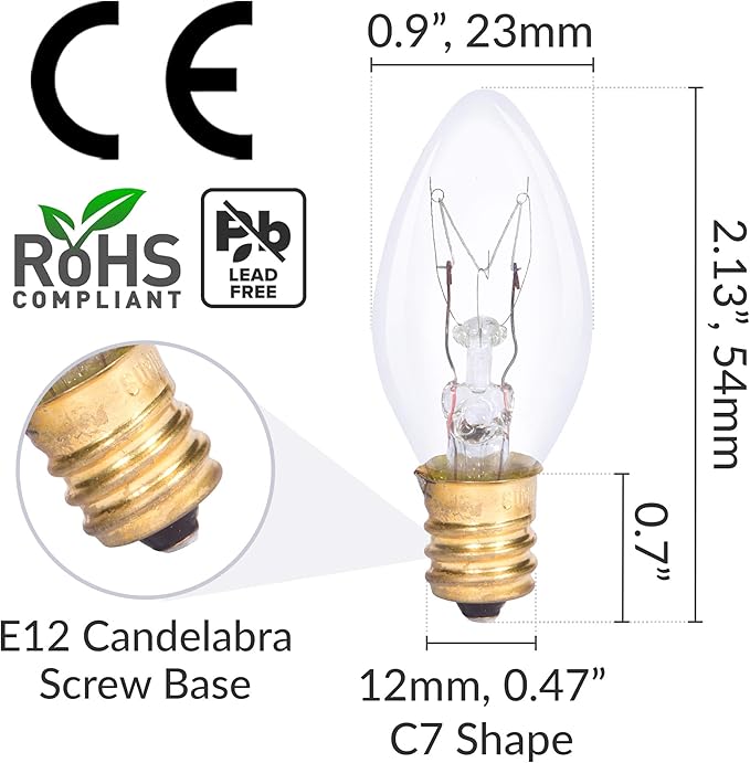 Simba Lighting C7 15W Replacement Bulb (6 Pack) for Himalayan Salt Rock and Basket, Plug in Aromatic Wax Warmer, Night Light, Clear Candle Shape, 120V, E12 Candelabra Base, Dimmable, 2700K Warm White