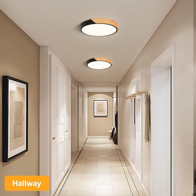 Vikaey Modern LED Ceiling Light, Minimalist Wood Flush Mount Ceiling Light Fixture, 4000K Not Dimmable, Circle Lighting Lamp with Acrylic Lampshade for Bedroom Laundry Room Hallway (Black,11.8")