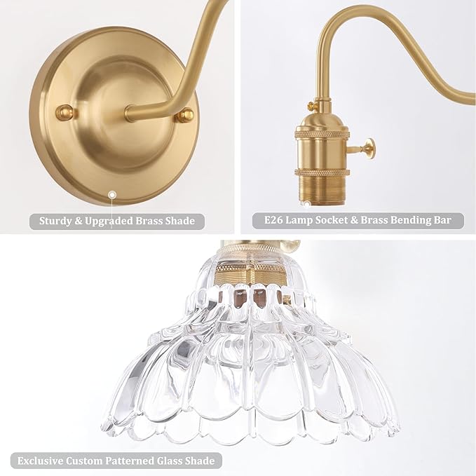 Battery Operated Wall Sconce, Vintage Rechargeable Wall Lights with Clear Lily Glass Shade, Wireless Indoor Wall Lamp with Remote for Bedroom Living Room Bathroom Hallway