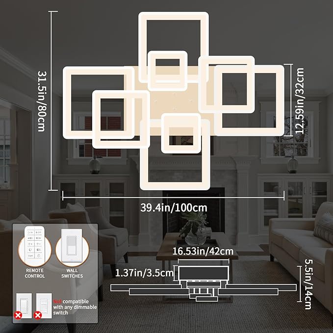 Modern Ceiling Light, 39.4'' Dimmable LED White Flush Mount Ceiling Lights with Remote Acrylic Round Ceiling Lamp Fixture for Low Ceiling Bedroom Living Room Dining Room, 100W