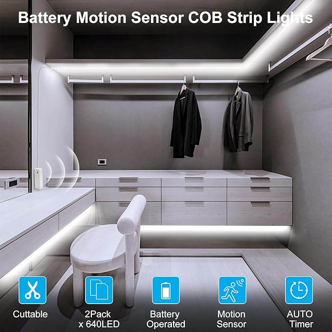 DBFAIRY 2 Pack COB Motion Sensor Strip Light Battery Operated, 6.6Ft 640 LED Cabinet Strip Lights High Bright with Sensor Lighting Mode for Wardrobe Stair Pantry Counter Cabinet Bed,6000K White