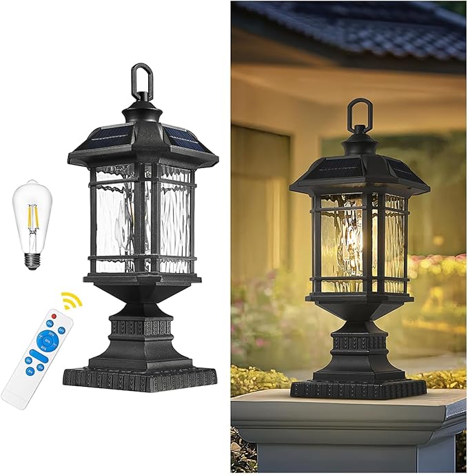 Emliviar Integral Solar Lamp Post with Fixed Pire Mount Base, Matte Black LED Fence Deck Pilllar Lighting for Patio, Portable Outside Solar Panels Lamp with Water Grain Glass, 2084P-ML SL BK