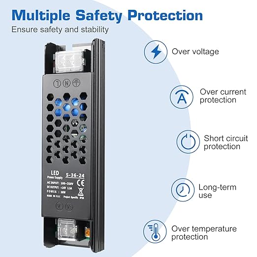 LED Driver 24V 36W 1.5A Slim Power Supply, AC 110V/240V to DC Adapter, Constant Voltage Transformer for Strip Lights, Bulbs, Garden and Cabinet Lighting