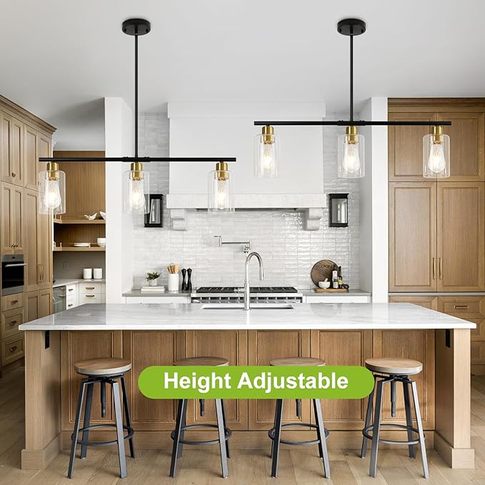 WILON Kitchen Island Lighting, 3 Lights Black Linear Chandeliers Modern Farmhouse Chandelier with Glass Shades for Kitchen Island Living Dining Room Foyer Bedroom (Black Gold, 3 Lights)