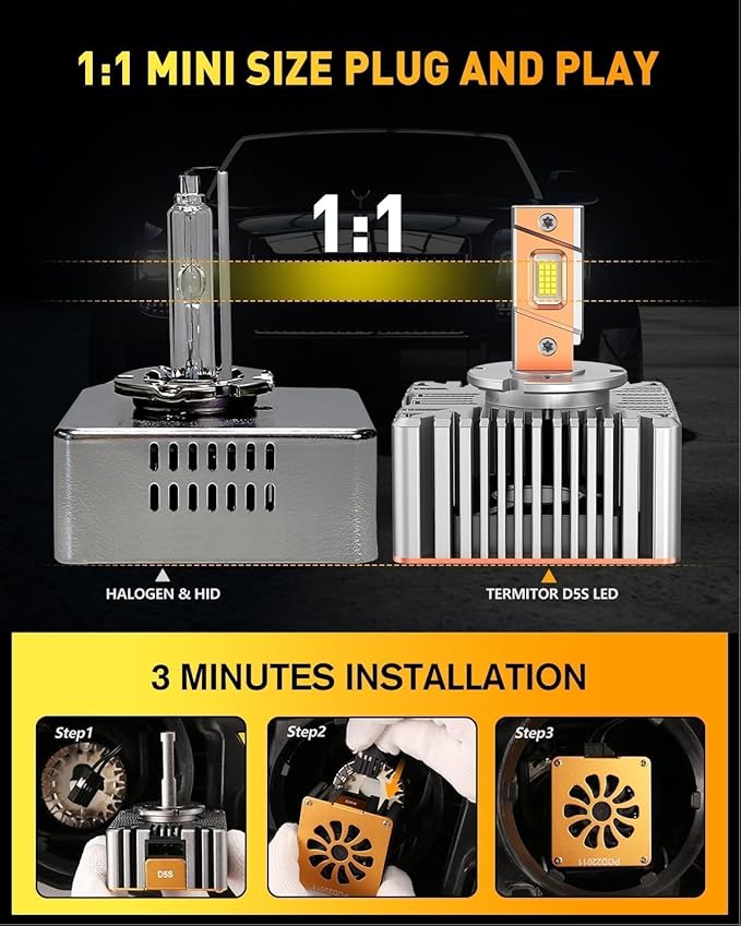 D5S Bulbs, 80,000LM Ultra Bright 6500K Color, 1:1 OEM Size, 3 Minute Fast Install, Perfect Beam Output, IP68 Waterproof, 10 Year Service Life, 99% HID Fitment, Pack of 2