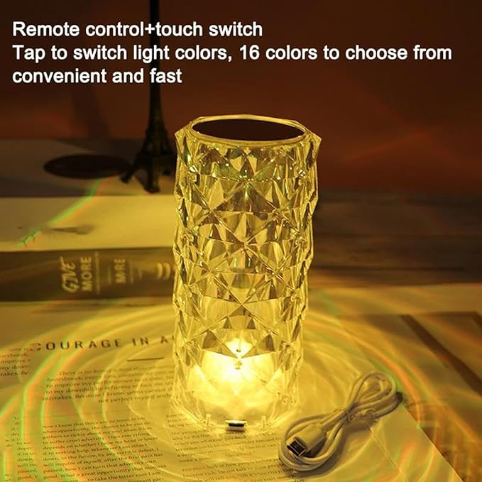 Can Switch 16 Colors Artificial Crystal Table Lamp, RGB Color Changing Rose Diamond Design with Remote Control USB Charg Touch Sensor Ambient Lighting, Artificial Crystal Table Lamp (16 Colors-Large)