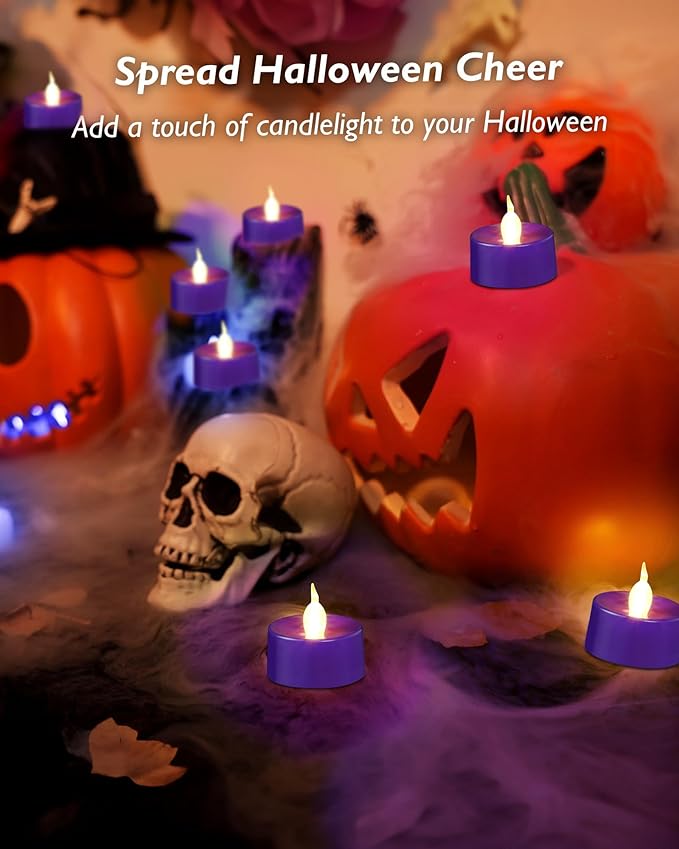 Purple LED Candles, 12 Pack Tea Lights Candles Battery Operated, Flameless Tealight Candle, Realistic Tea Lights for Halloween Christmas Party Decor Mardi Gras