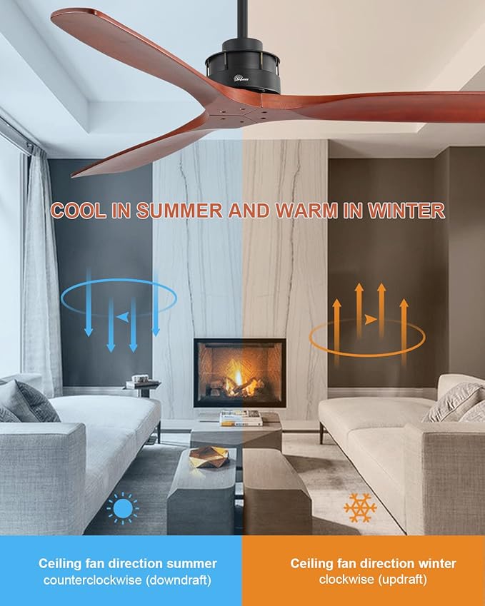 60 Inch Walnut Ceiling Fan with Remote Contro, 3 Wood Blade Ceiling Fans Without Lights, Ceiling Fan No Light with Timer, Noiseless Reversible DC Motor for Indoor Outdoor Farmhouse