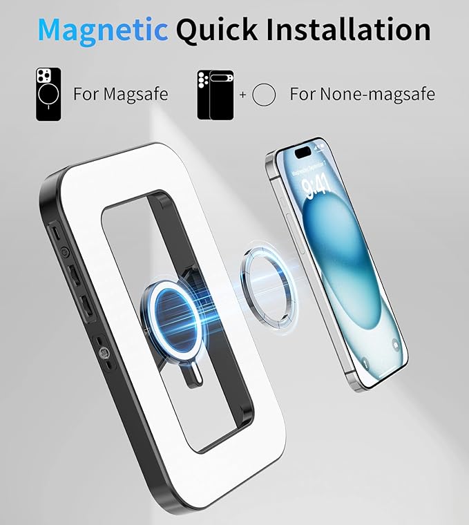 Magnetic 6000mAh RGB Selfie Ring Light for iPhone,448 LED Rechargeable Phone Light with Mini Tripod Stand, Double-Sided Magnet Handheld Stabilizer with Light for Magsafe/Phones/Video Recording/Photos