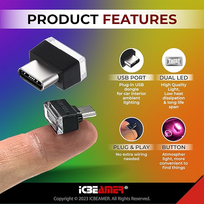 ICBEAMER Type C Adapters Atmosphere Light, [Color: Purple] | Universal Plug-in Miniature Night Light for Car Interior and Trunk Ambient Lighting, Easy Installation, Energy Efficient LED Technology
